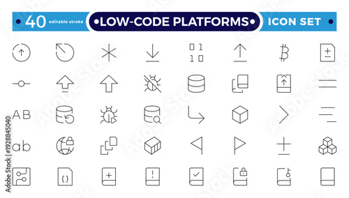 Low coding outline icons set. Simplify, Efficiency, Intuitive, Agile, Rapid, Streamline, Productivity vector symbols and line concept signs. Automate,Scalable,Flexibility Editable stroke outline icon.