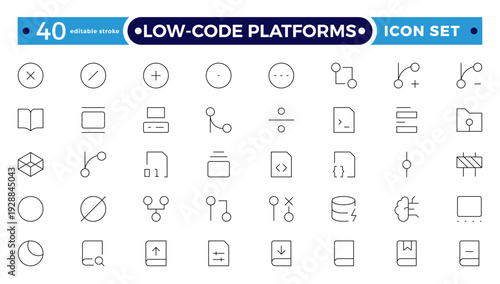 Low coding outline icons set. Simplify, Efficiency, Intuitive, Agile, Rapid, Streamline, Productivity vector symbols and line concept signs. Automate,Scalable,Flexibility Editable stroke outline icon.