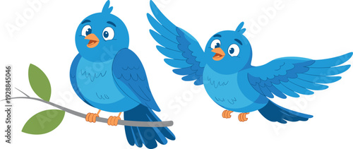Cute blue cartoon birds perched and flying vector illustration isolated on white background adorable wildlife character design