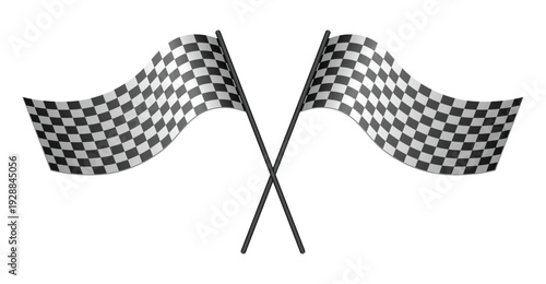 Crossed checkered racing flags, realistic waving motorsport finish symbol for race events, championship branding, automotive logos and esports tournament design. Vector illustration