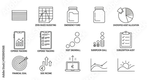 A collection of line art icons illustrating various personal finance concepts such as budgeting, expense tracking, emergency funds, debt management, and financial goals.