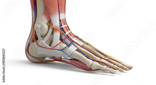 Detailed 3D Rendered Illustration of Human Foot Anatomy Showing Intricate Structure of Bones, Muscles, Tendons, Blood Vessels, and Nerves