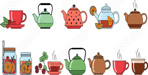 Teapot and Tea Cup Collection with Herbal Fruit Infusions and Hot Drinks Vector Illustration Set Isolated on White Background