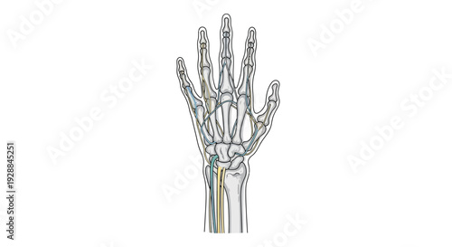 Detailed anatomical illustration of the human hand, showing intricate bone structure, veins, and nerves for medical and educational understanding