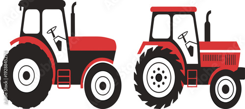 Red farm tractor vector illustration set with modern and classic agricultural vehicles isolated on white background