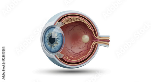 Detailed cross-section of human eye anatomy with iris, lens, retina, and optic nerve. Medical illustration showcasing the internal structure and a possible cataract