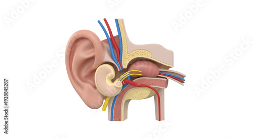 Anatomical illustration depicting the cross-section of the human ear, highlighting its intricate structures and auditory pathways