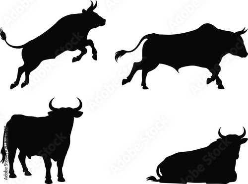Bull silhouette set in different poses farm cattle vector illustration isolated on white background livestock collection design