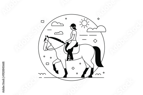 A woman riding a horse in a circular illustration with a sunny background