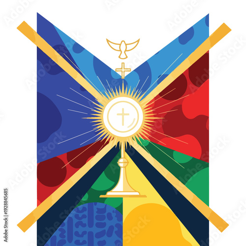 A geometric abstract illustration of religious symbols in bright colors