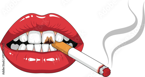 Woman Lips Smoking Cigarette with Stained Teeth Dental Damage Concept Anti Smoking Awareness Vector Illustration Isolated on White Background
