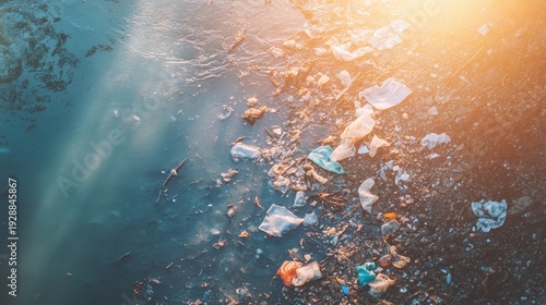 Polluted Waterway Filled with Plastic Waste Near Industrial Ports Under Bright Sunlight.