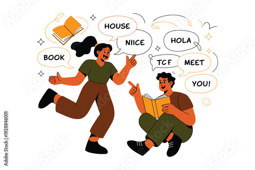 A colorful illustration of people talking and reading a book together happily