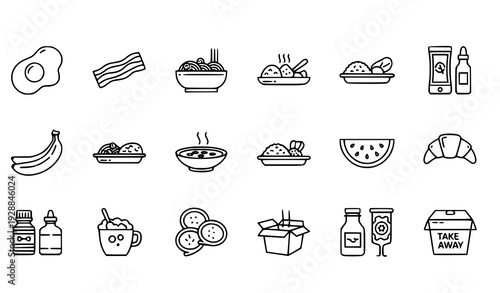 Food Regular Line Icon Set with Editable Stroke Outline Meal and Beverage Vector Symbols on White Background