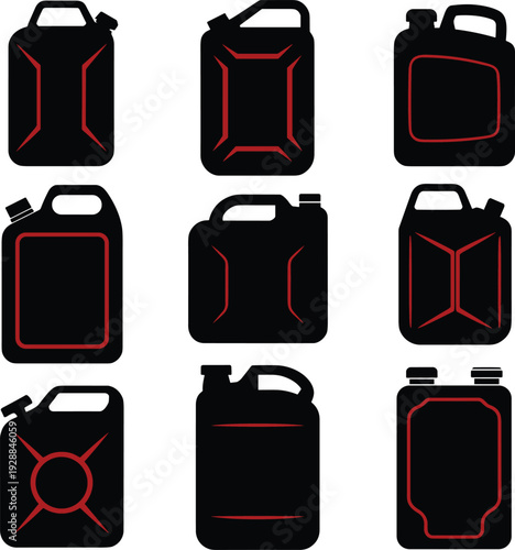 Set of black fuel jerry can containers with red accents isolated vector illustration for gasoline storage design