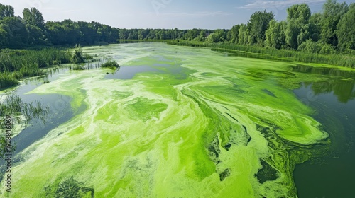 Vibrant green algae bloom blankets the surface of a tranquil lake under soft natural light