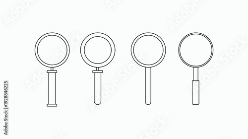 Set of magnifying glass line icons with different handle styles, isolated on white background. Minimalist search and discovery vector illustration