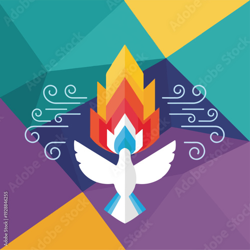 A geometric dove above stylized flames, winds, and colored backdrop