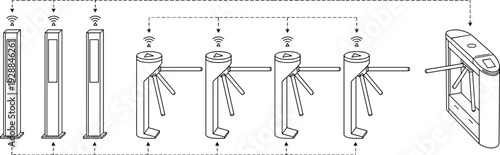 Security access control system with turnstile gates and RFID scanners top view isolated on white background vector