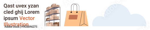 E-commerce, logistics, cloud storage, online shopping, inventory management, retail operations. Visual of shelves with boxes, shopping bag and a cloud. E-commerce and logistics visually