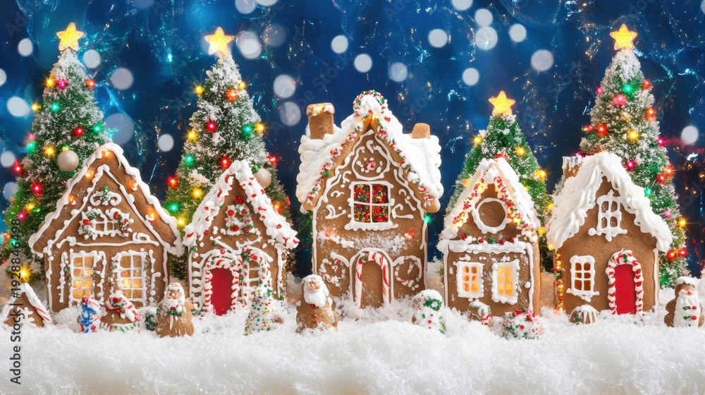 Fototapeta premium Whimsical Gingerbread Village Adorned with Twinkling Christmas Lights and Festive Decorations
