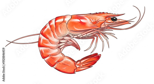 Illustration of a single cooked shrimp on a white background.