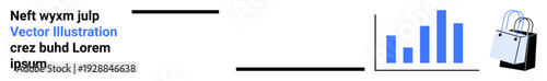 Business analytics, e-commerce trends, online shopping, market analysis, digital marketing, retail sales. Blue bar chart next to a shopping bag icon. E-commerce trends and market analysis visual
