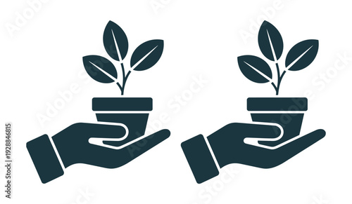 Plant care solid icons. Glyph icon set of person holding potted plant, hand with sapling. Concept of growth, gardening, environment, new life, nurturing, ecology, agriculture