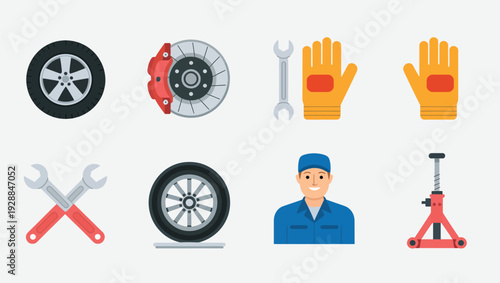 Automotive service icons including a car tire, brake disc, wrench, mechanic gloves, crossed wrenches, car jack, and a mechanic for repair and maintenance themes.