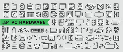Comprehensive collection of 84 PC hardware icons, featuring essential computer components and accessories for technology, IT, and digital services.