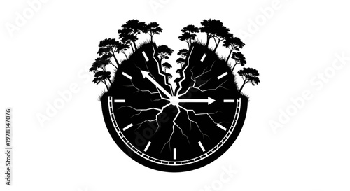 silhouette of a cracked round clock face with trees growing from the top edges
