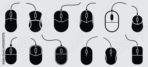 Set of twelve different computer mouse icons, presented in a clear, black silhouette style, representing various input devices for technology and digital applications.