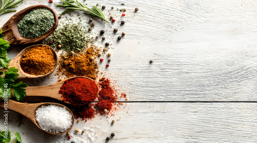 Flat lay of regional food ingredients and colorful spices on white wood

