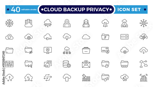 Cloud Backup Privacy outline icon set secure file transfer, FTP, wireless data, shield security, containing cybersecurity, data security, privacy protection. Editable stroke outline icon.
