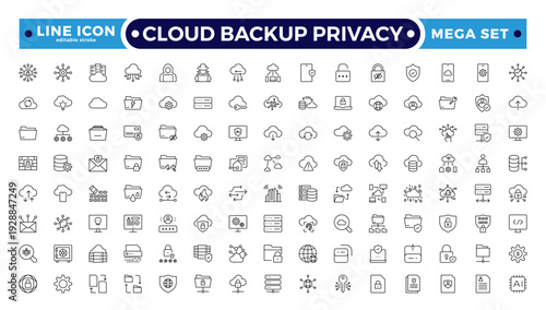Cloud Backup Privacy outline icon set secure file transfer, FTP, wireless data, shield security, containing cybersecurity, data security, privacy protection. Editable stroke outline icon.
