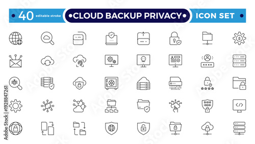 Cloud Backup Privacy outline icon set secure file transfer, FTP, wireless data, shield security, containing cybersecurity, data security, privacy protection. Editable stroke outline icon.
