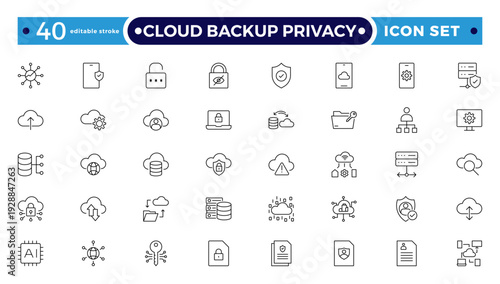 Cloud Backup Privacy outline icon set secure file transfer, FTP, wireless data, shield security, containing cybersecurity, data security, privacy protection. Editable stroke outline icon.
