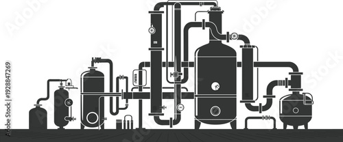Industrial chemical processing plant silhouette with tanks and pipelines isolated on white background vector illustration factory equipment