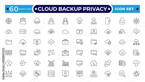Cloud Backup Privacy outline icon set secure file transfer, FTP, wireless data, shield security, containing cybersecurity, data security, privacy protection. Editable stroke outline icon.
