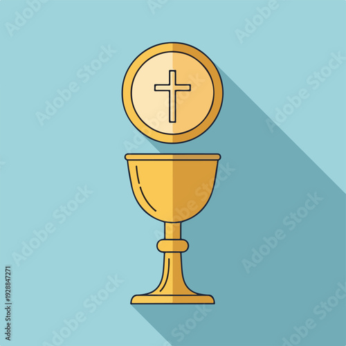 A golden chalice with a floating disc bearing a cross over it
