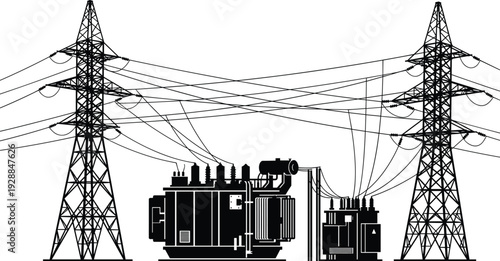 High voltage power transmission towers and transformer substation isolated on white background electricity infrastructure vector illustration