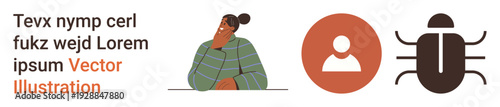 Cybersecurity, user identity, online safety, malware protection, data breaches, digital threats. A person thinks, a profile icon and a bug icon. Cybersecurity and data protection illustration