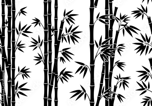 Black silhouetted bamboo plants stand tall in a serene forest landscape illustration viewed from the side