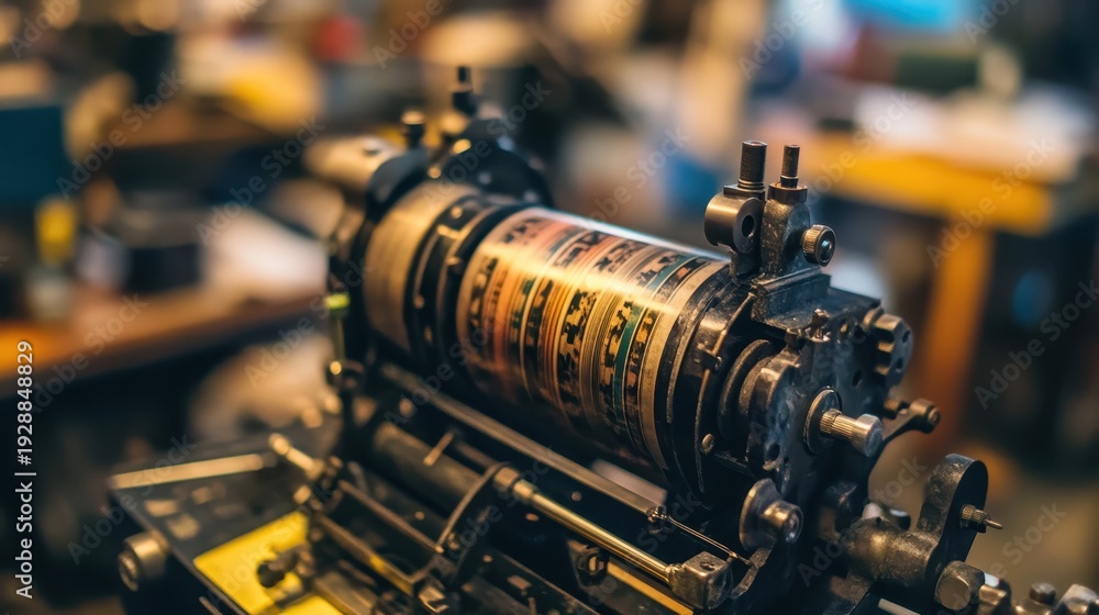 Fototapeta premium Intricate offset printing press machinery in a modern print shop, showcasing complex industrial operations with natural light