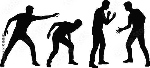 Collection of human silhouettes in dynamic poses showcasing expressive gestures, defensive stances, and interactive movements for vector design projects