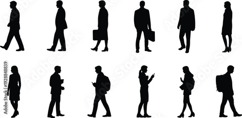 Collection of human silhouettes in walking and standing poses with business and casual attire, accessories, and lifestyle vector design