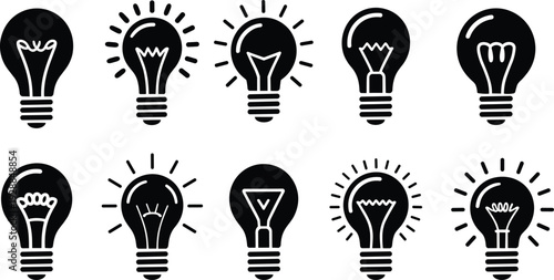 Collection of light bulb silhouettes with creative filament designs and glowing effects representing ideas, innovation, electricity, and vector illustration