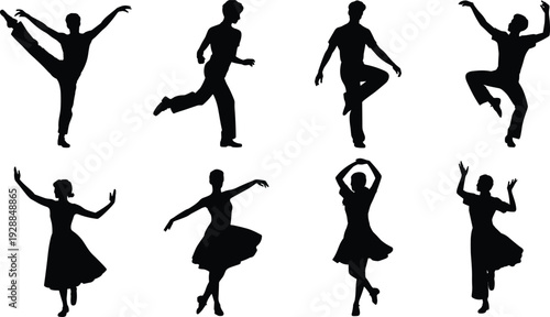 Collection of male and female dancer silhouettes in expressive ballet and dynamic poses showing elegance, movement, and lifestyle vector design