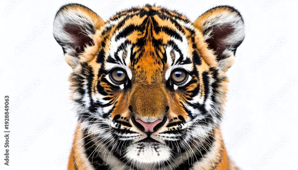 Fototapeta premium Close-up portrait of a cute tiger cub with striking eyes and distinctive stripes, isolated on a white background.