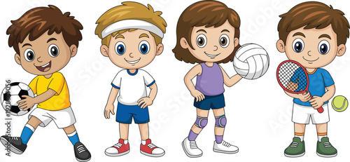 Cute kids playing sports cartoon set, children with soccer volleyball tennis isolated on white background